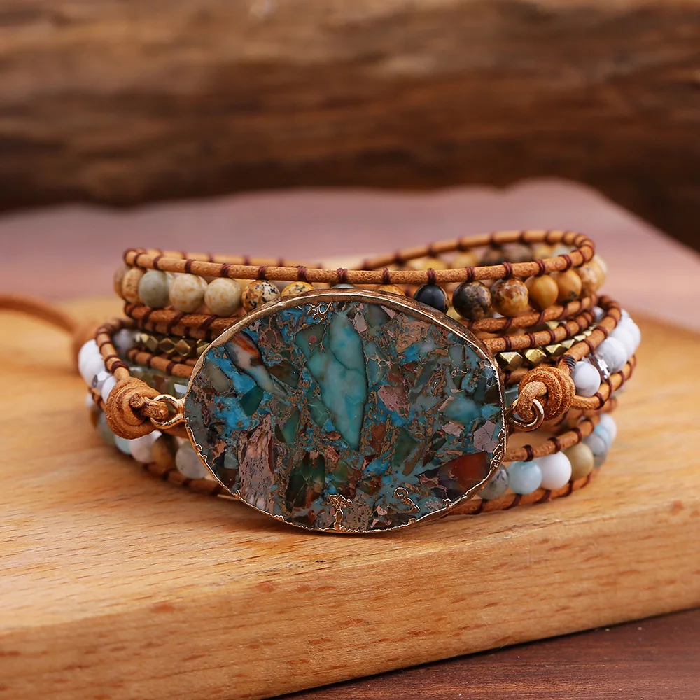 Vintage Boho Bracelet Handmade 5 Layers Bohemian Leather Wrap Stone Bracelet Bijoux Imperial Pine Braided Beaded Bracelet