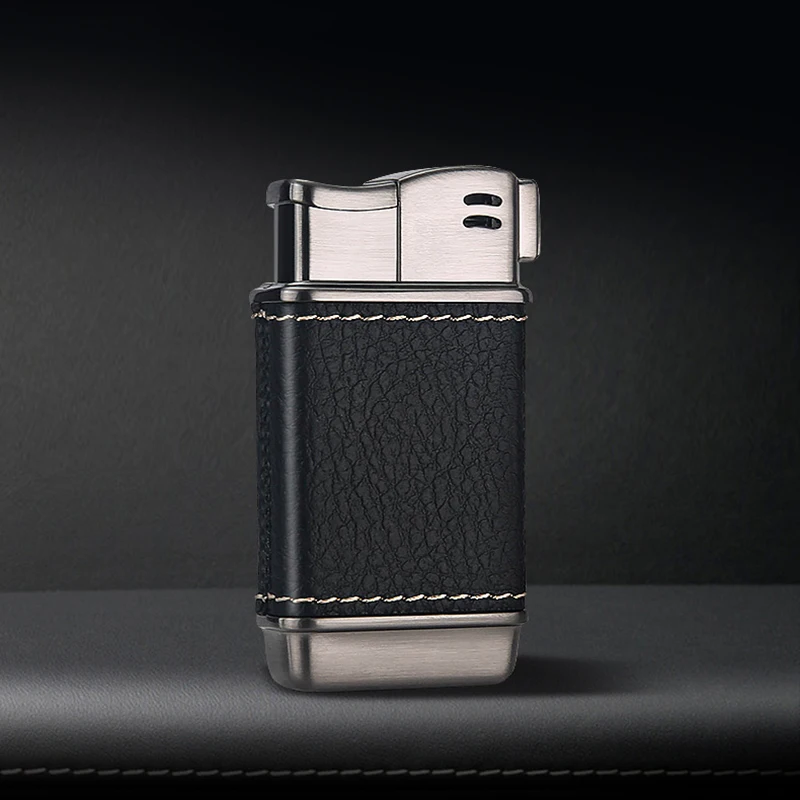 Unique Leather Covered Single Flame Cigarette Lighters Creative Metal Cigar Cigarette Lighter With Oblique Fire Design