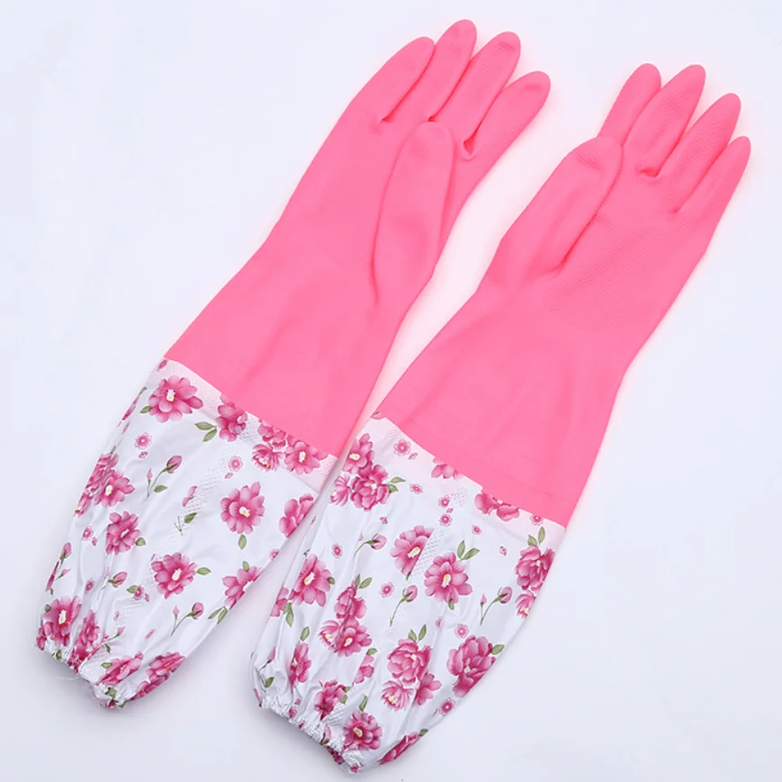 High Quality Household Waterproof Long Sleeve Rubber Plush Cleaning Dish Washing Long Kitchen Latex Gloves