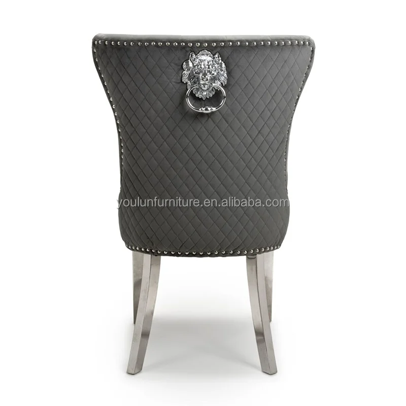 silver stainless steel legs leather grey velvet tufted pattern back dining chairs with lion knocker back