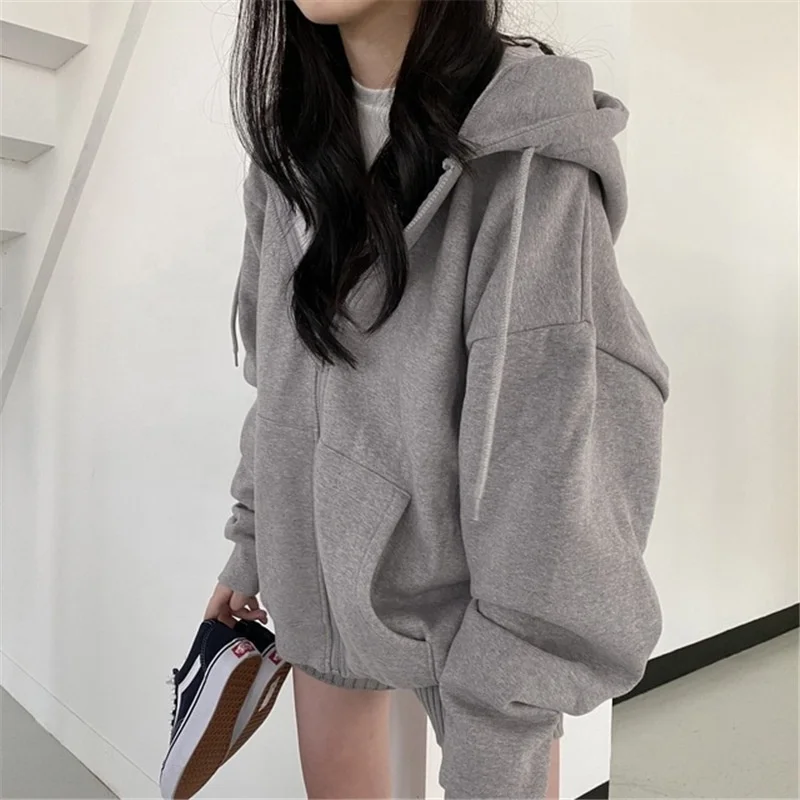New arrival autumn ladies sweatshirt female solid color loose fashion zip up hoodies jogger top women casual thick coat