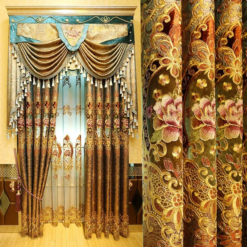 Factory Direct Luxurious Delicate Home Curtain Gold Plate Floral Embroidery Drape Darkening Curtains For Villa