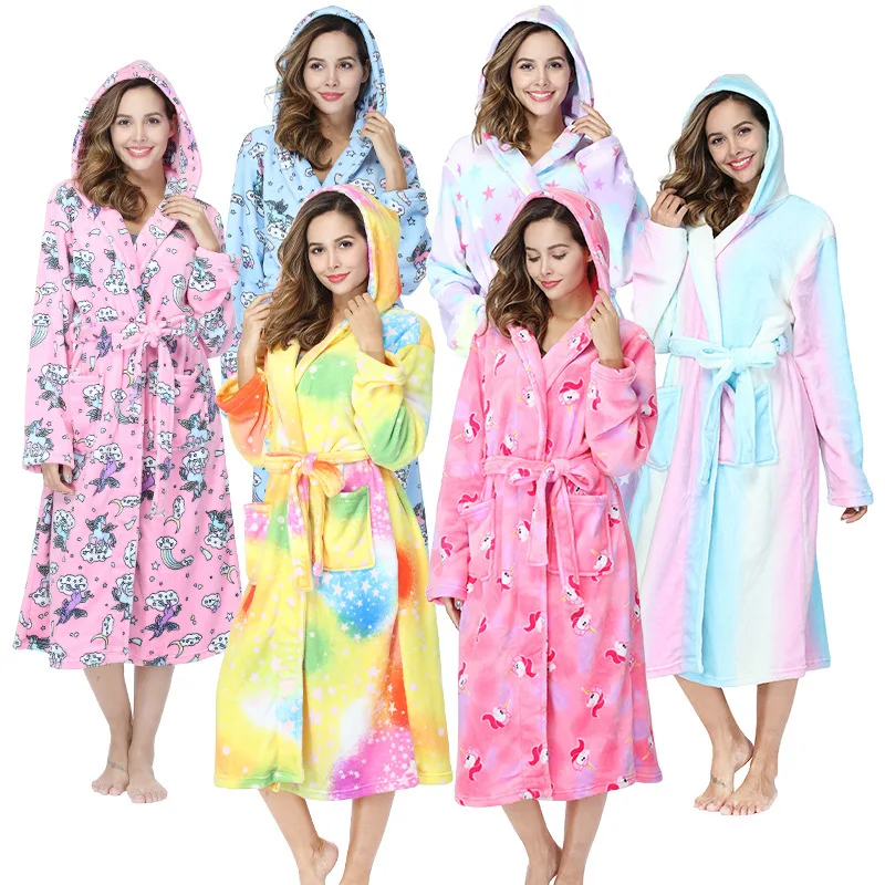 Cute Cartoon Printed Thick Flannel Nightgown Winter Warm Hooded Long Plus Spa Shower Bathrobes Women