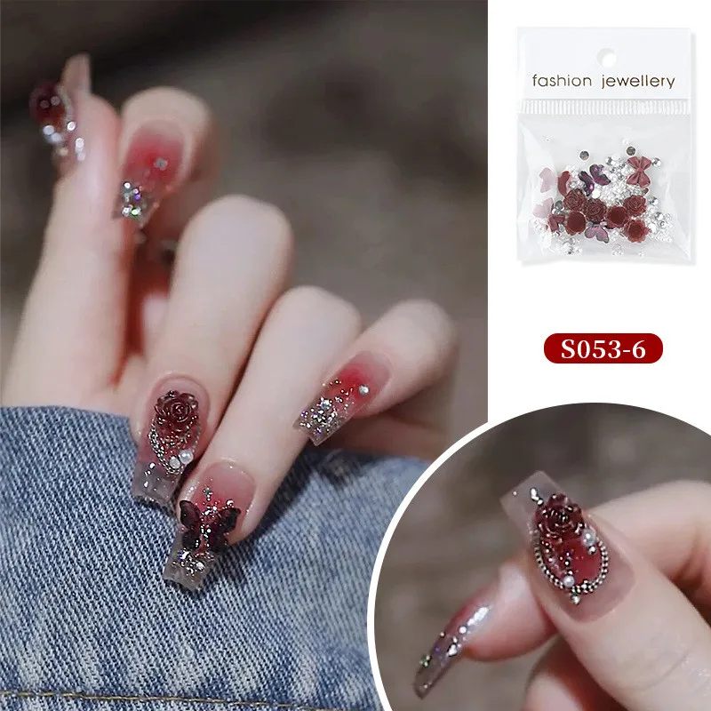 Popular camellia hibiscus flower nail jewelry pearl rhinestones manicure accessories set