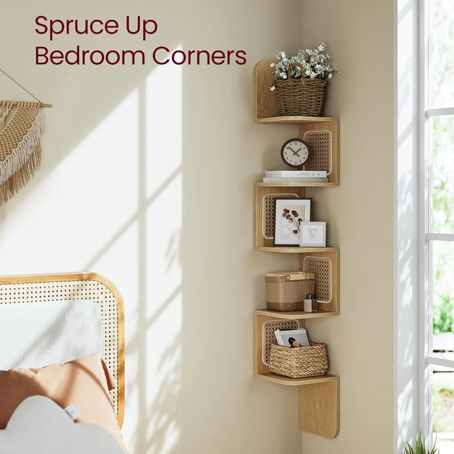 5-Tier Corner Shelf Zigzag Corner Shelf Unit PVC Rattan Sides Wall Mounted Floating Shelf