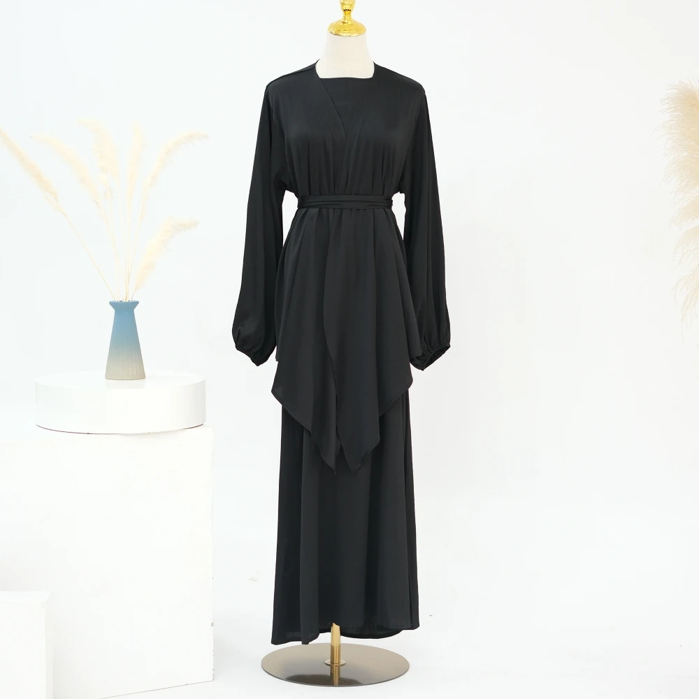 2 Piece Satin Abaya Set with Skirts Free Belt Elegant Luxury Modest Eid Muslim Women Dress Islamic Clothing Wholesale Abaya