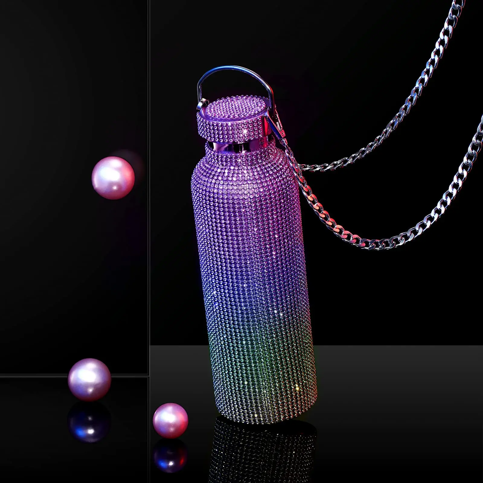 customized diamond silver glitter bling Wide Mouth double wall portable office water bottle