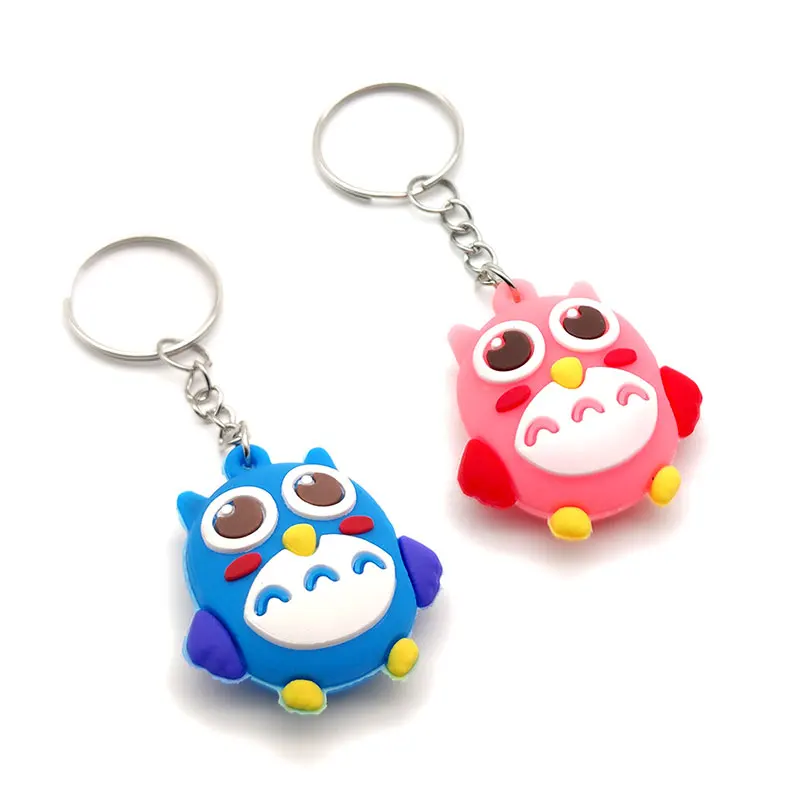 Custom rubber cute cartoon animal owl key chain keyring double sided 3d soft pvc adorable keychain with ring