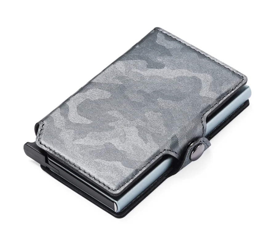 Camouflage PU Leather Wallet RFID Blocking Card Holder Aluminum Alloy Automatic Pop Up Card Case For Promotion