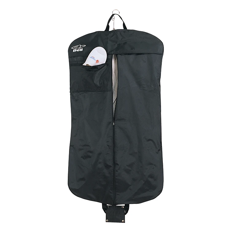Nylon suit bag with main zippered compartment with flap at top with hole for hanger hook