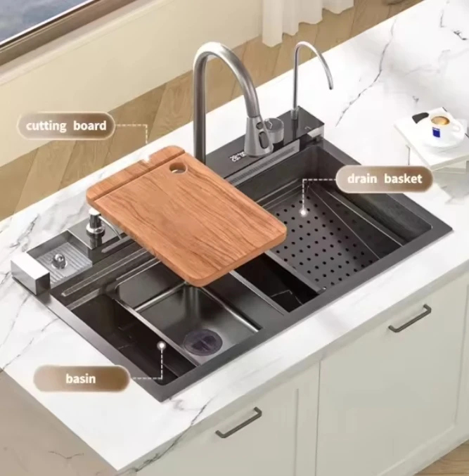 Modern Kitchen Sink Stainless Steel Kitchen Wash Basin Decor and PVD with Black Nano Single Bowl 5 Years Above Counter 7546JY