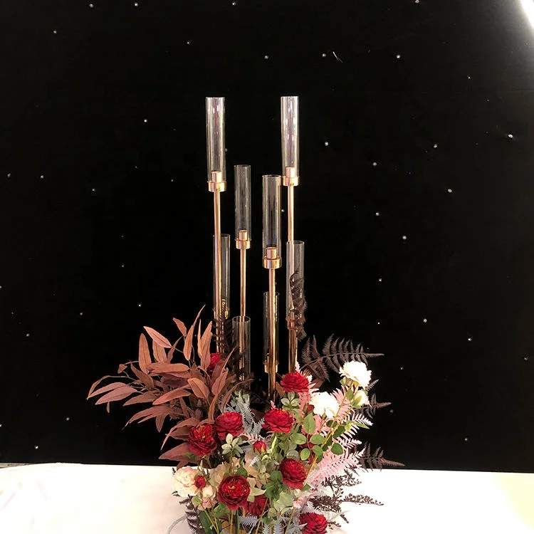 Zhuoyun 8 Arms Glass Candle Stick Wedding Decoration Table Centerpiece Metal Gold Candelabra