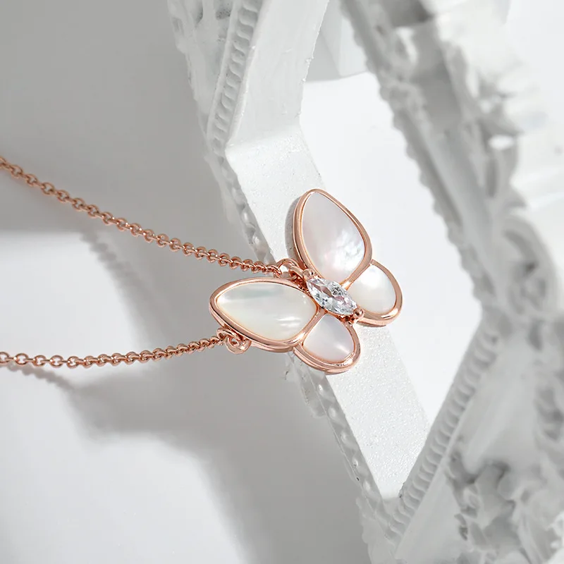 New Trendy Rose Gold Plated S925 Sterling Silver Butterfly Necklace S925 Cubic Zirconia Opal Butterfly Pendant Necklace