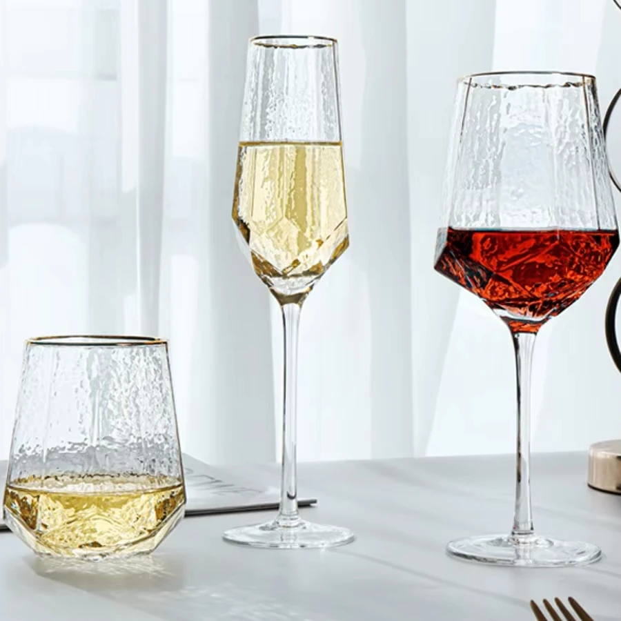 Wholesale Creative Round Long Stem Custom Elegant Modern Clear Hammer Diamond Vintage Flute European Crystal Champagne Glass