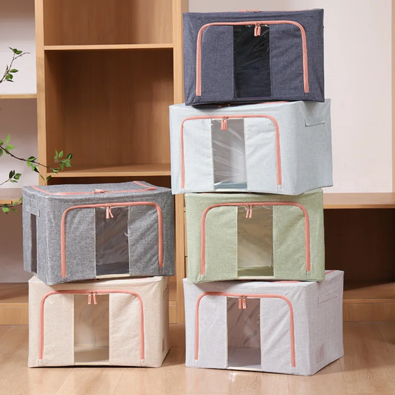 Cotton and linen metal frame foldable moisture-proof dustproof storage box with lid Oxford cloth storage box