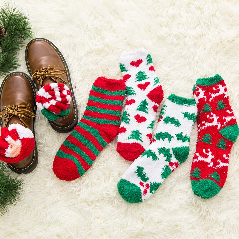 hot selling for Christmas holiday gift sock Santa Claus red green tree fuzzy Coral velvet home socks for women