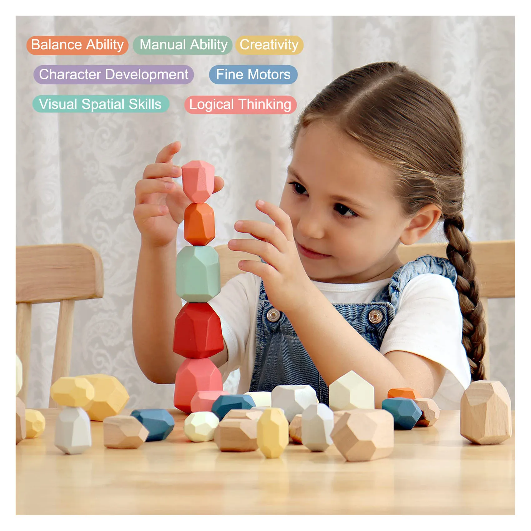 Wooden Sorting Stacking Rocks Stones 36 PCS Sensory Toddler Toys Learning Montessori Toys Building Blocks Game For Toddler