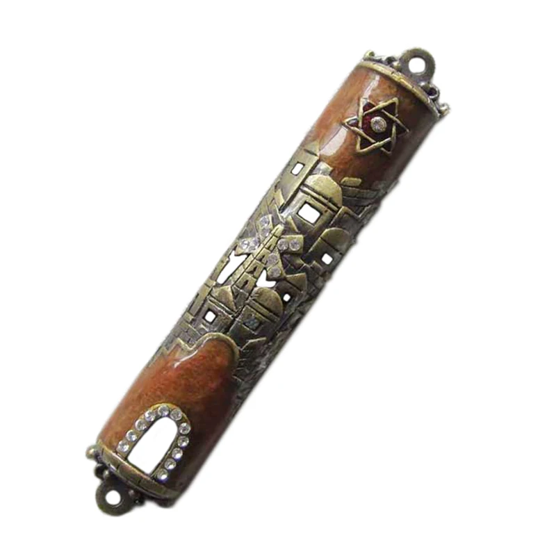 Antique Gold Peach Blue Hand Enameled And Jeweled Wailing Wall Design Metal Alloy Scroll Mezuzah Case (#P32031a)