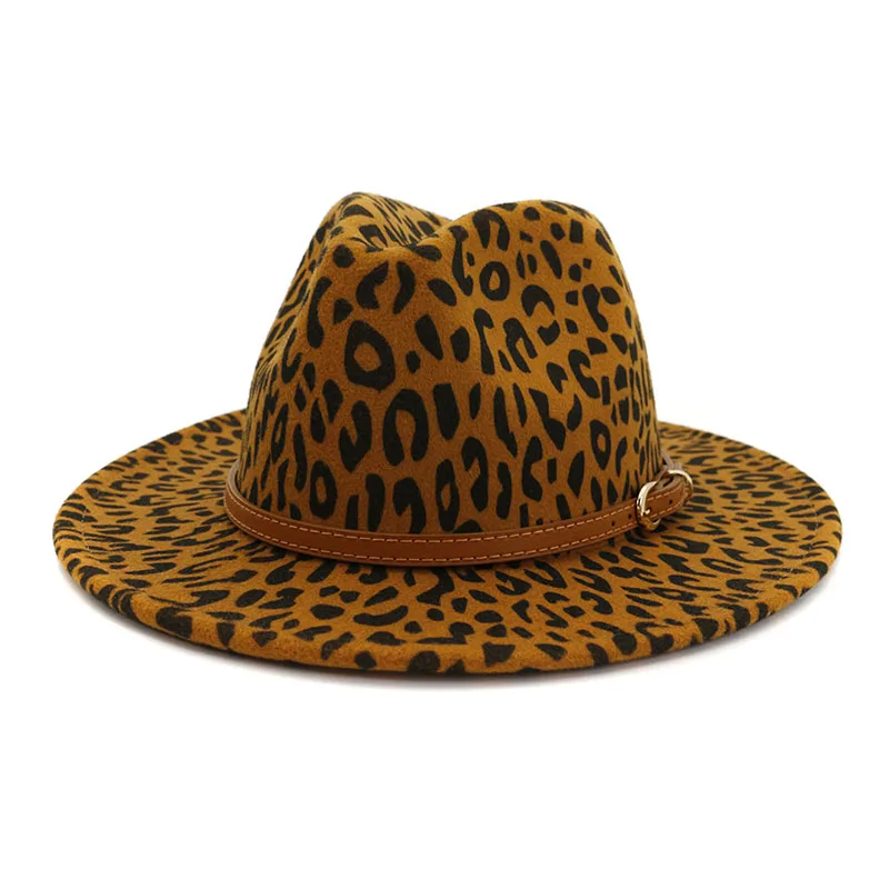 Autumn Winter England Style Leopard Wool Jazz Formal Hat INS Fashion Wide Brim Women Fedora Hats