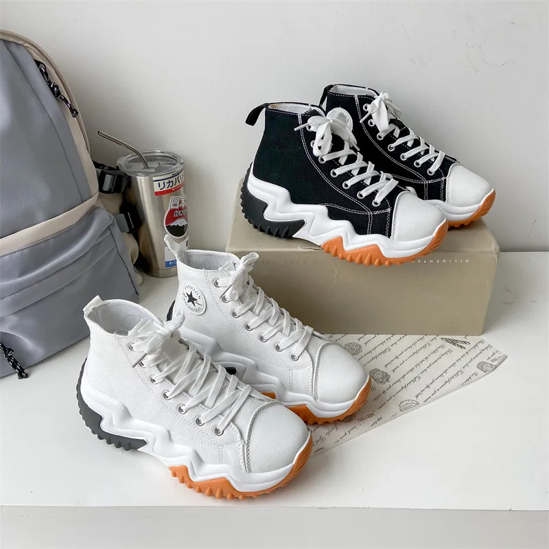 Wholesale Spring Custom Logo Blank Platform Sneakers High Top Walking Style Shoes Woman Canvas Platform Chunky Canvas Shoes