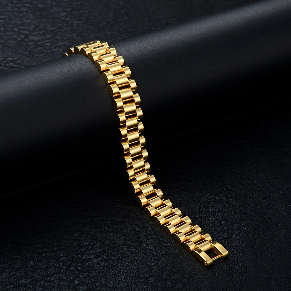 2024 Waterproof No Tarnish 8 10 12 15MM Wide Watchband Women Men 18K Gold Plated Stainless Steel Chain Link Bracelet