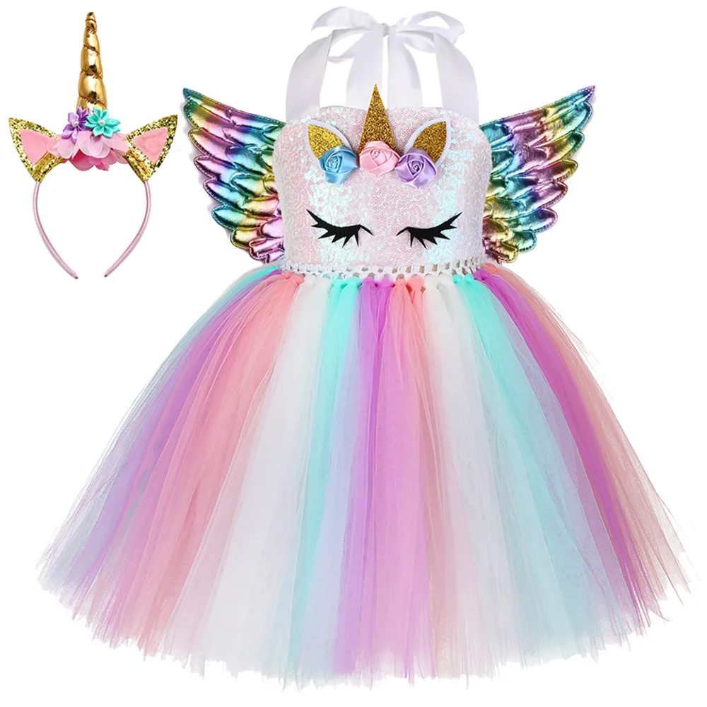 Fashionable Unicorn Mesh 2 To 12 Years Summer Party Tutu Dresses For Baby Girls