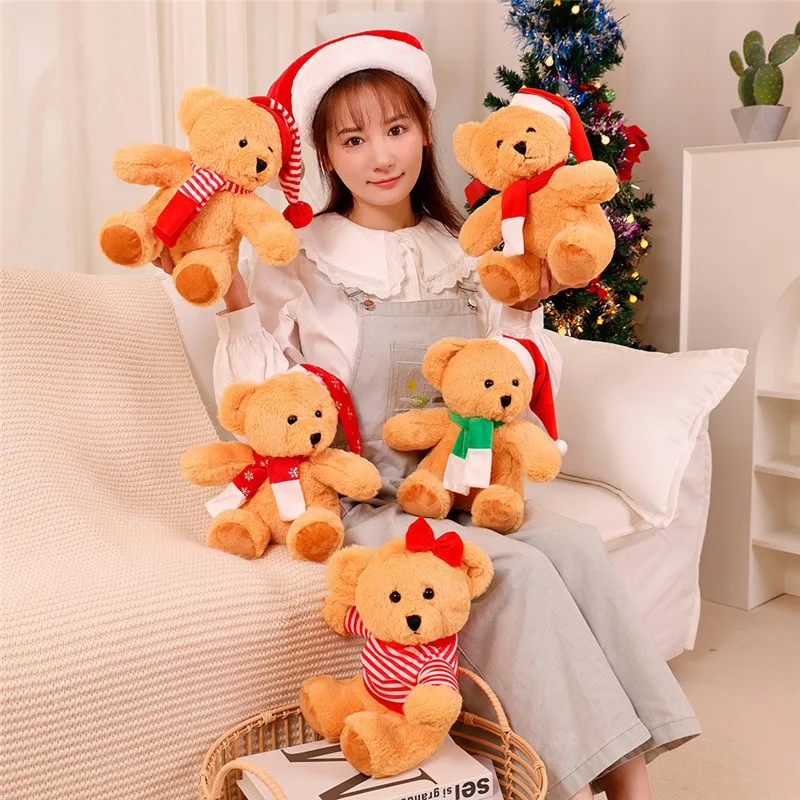 Hot Sell Christmas Hat Stuffed Bear Plush Custom Logo Printed Christmas Dressed Up Teddy Bear Kid Children Plushies Gift Toys