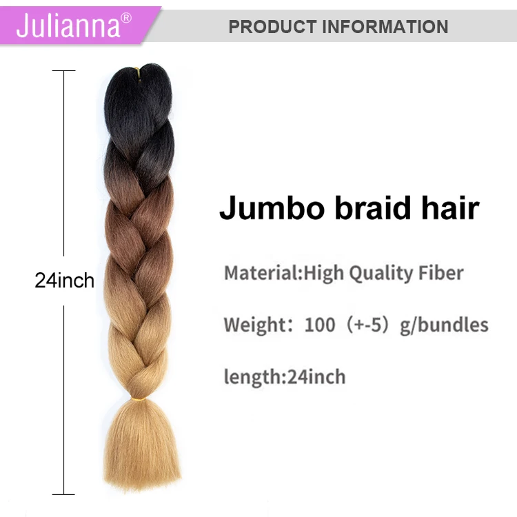 Julianna Hot selling High Temperature Fiber Synthetic 24inch 100 gram unfolded 48inch Ombre Ultra Braiding Hair Jumbo Braid Hair