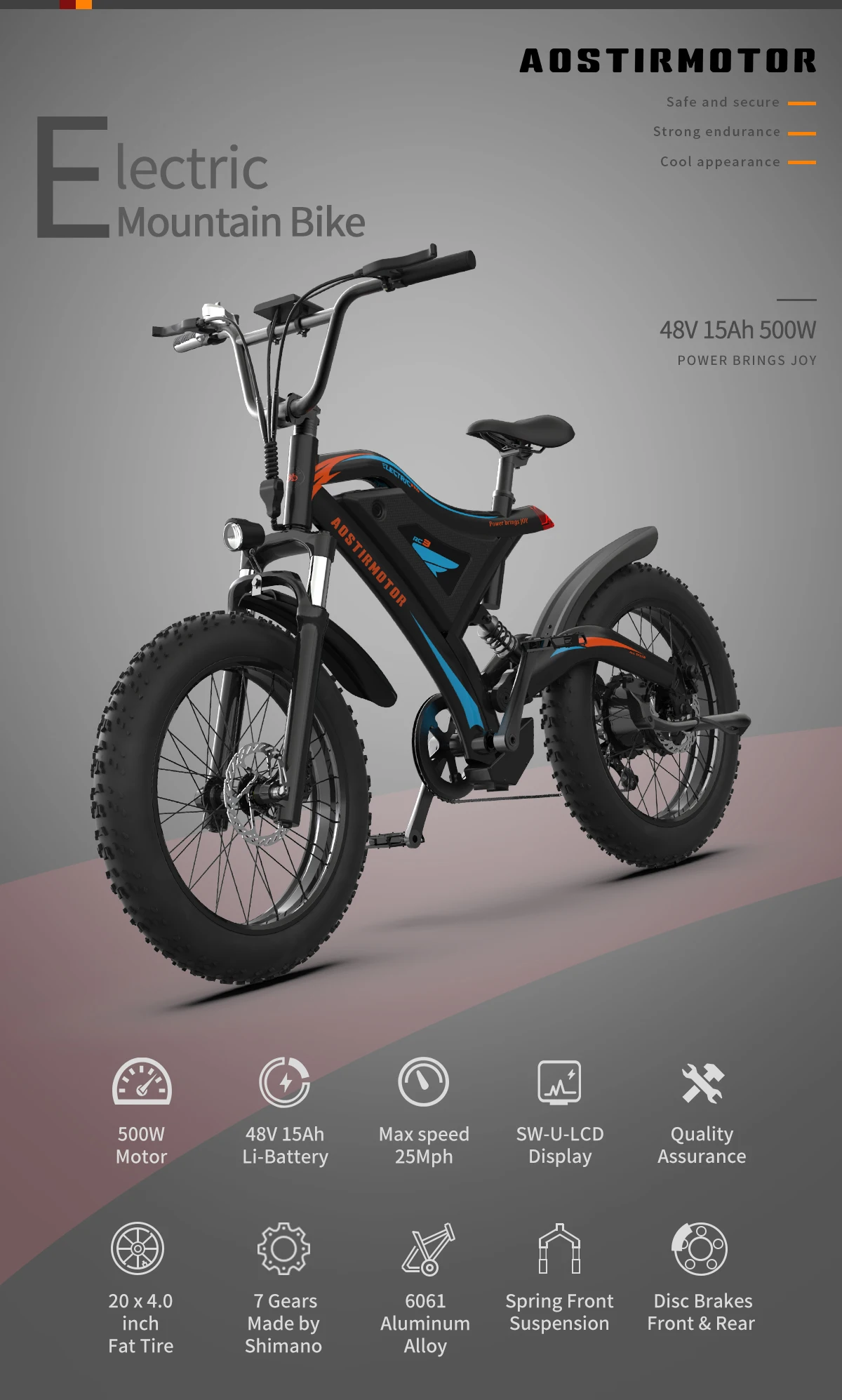 Aostirmotor S18-Mini Electric Bike Bicycle 500W Power Speed 48V 15AH Lithium Battery 20 Inch Fat Tire Max 70KM Color-LCD Screen