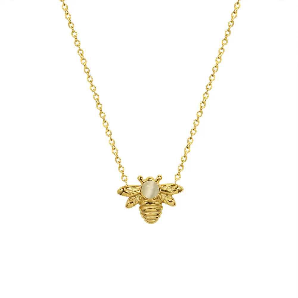 Simple 18K Gold Plated Titanium Steel Women Cute Animal Honeybee Opal Pendant Necklace