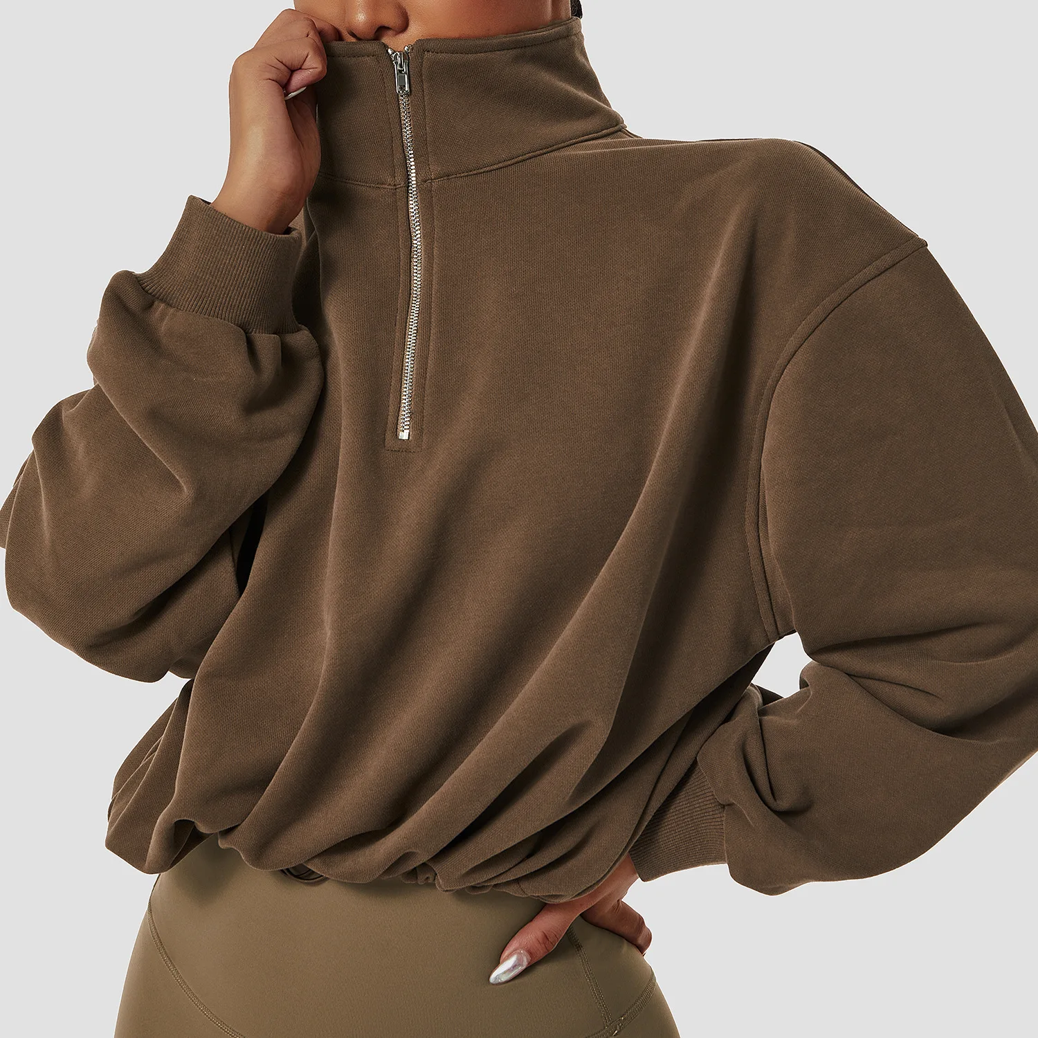 Custom Terry Half Zip Streetwear Hoodie Women Top Drawstring Hem Stand Collar Pullover Sweatshirt Winter Clothes For Women