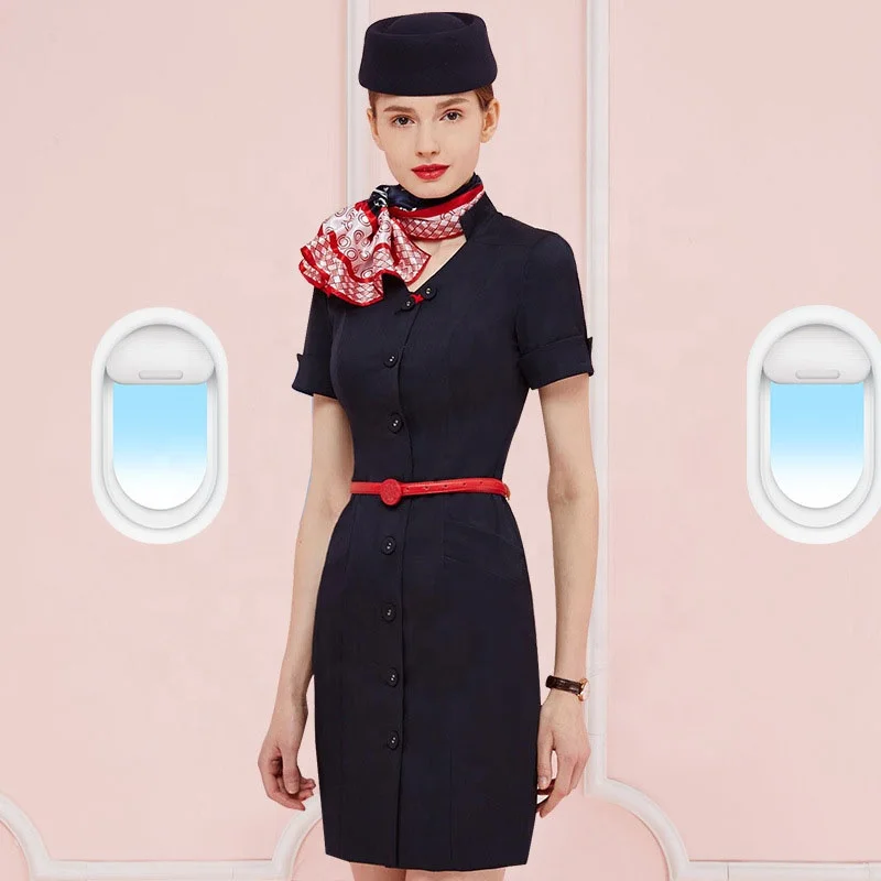 Custom Fabric Single Breasted Blazer Airline Work Uniforms Elegant Flight Attendant Stewardess Uniform Long Dress Overall Coat