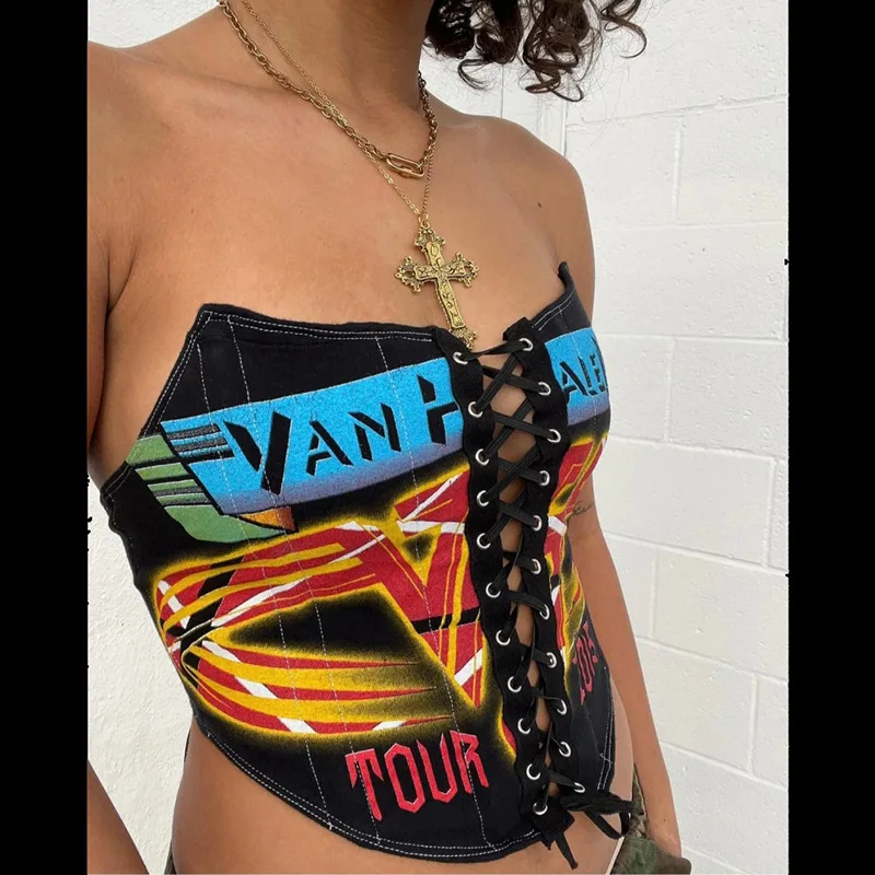 X11523C Cross Bandage Women Corset Top Letter Print Backless Off Shoulder Sexy Fashion Wild Vest Summer Rave Party Streetwear