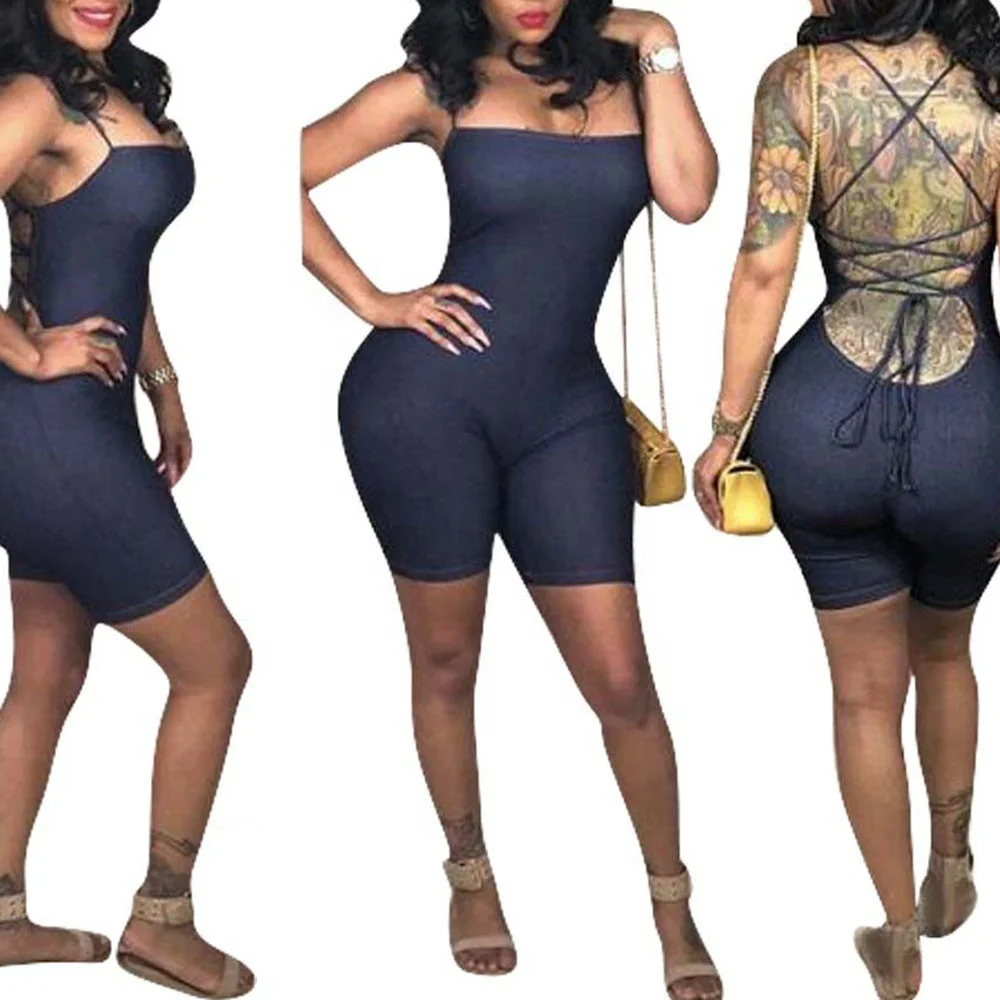 Оптовая продажа, летние сексуальные Клубные наряды на бретельках, однотонное боди, Женский облегающий цельный комбинезон с открытой спиной