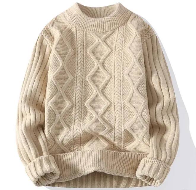 Factory Sale Round Neck Knit Ribbed Jumper Solid Color Thick Cable Cotton Knitted Sweaters For Men