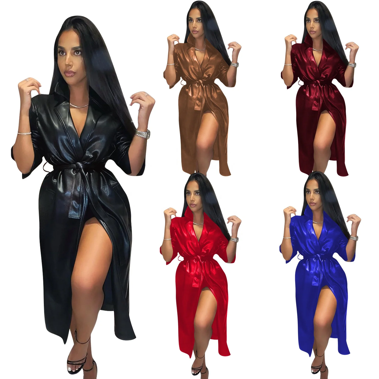 
Clothing Ready to ship solid color PU lapel women long trench leather coat(with belt) 