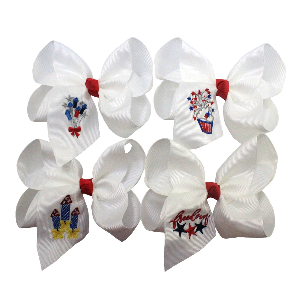 American Flag Navy Red and White Embroidery Hair Bows For Celebration