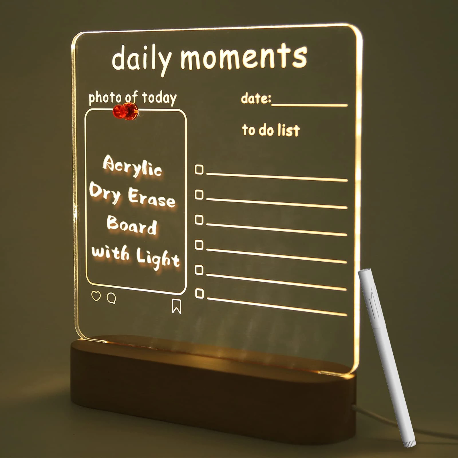 LED acrylic writing dry erase board 3D DIY Round Wooden Base lamp Night Light with Erasable pen