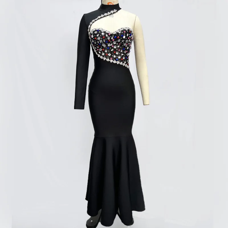 LS2446 High Quality One Shoulder Long Sleeve Luxury Diamond Hosting Stage Performance Sequins Long Bandage Elegant Evening Dress