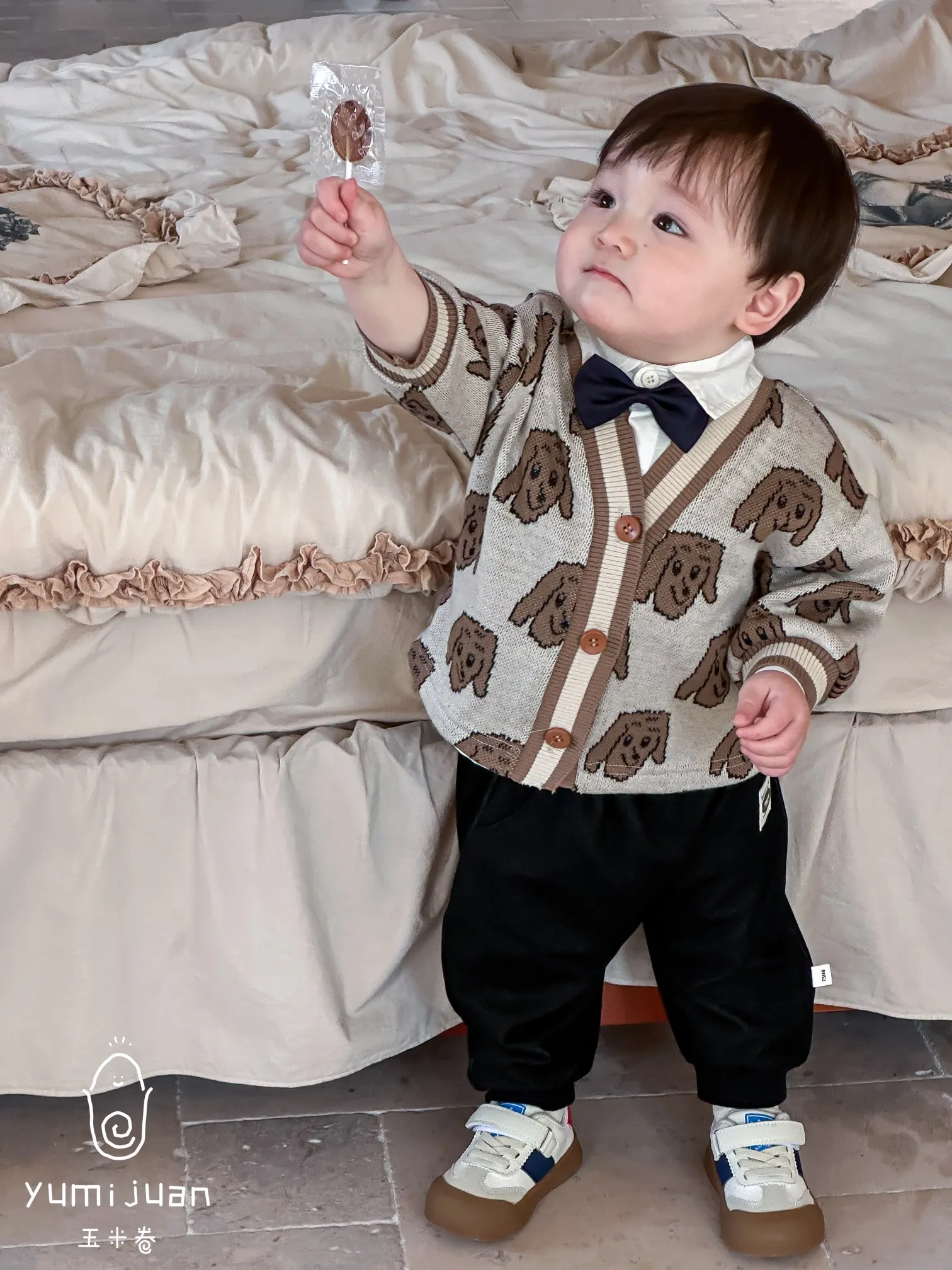 Autumn Baby Boy Three-Piece Casual Comfort Suit with Buttons Warm Puppy Sweater Wholesale 3pcs Clothing Set