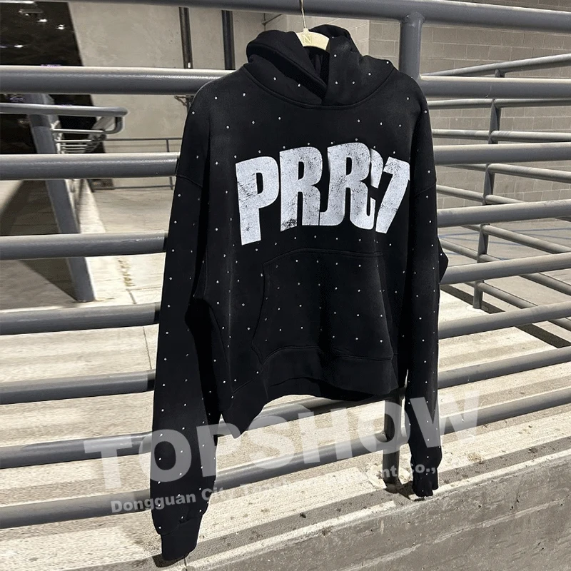 Custom Rhinestone Logo Acid Wash Vintage Streetwear Pullover Puff Print French Terry Sun Faded Rhinestone Hoodies