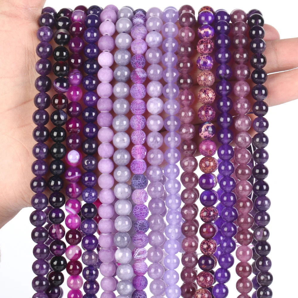 Natural Stone Beads Purple Quartz Jade Agate Jasper Loose Amethyst Gemstone Beads for Jewelry Making Findings DIY Bracelets