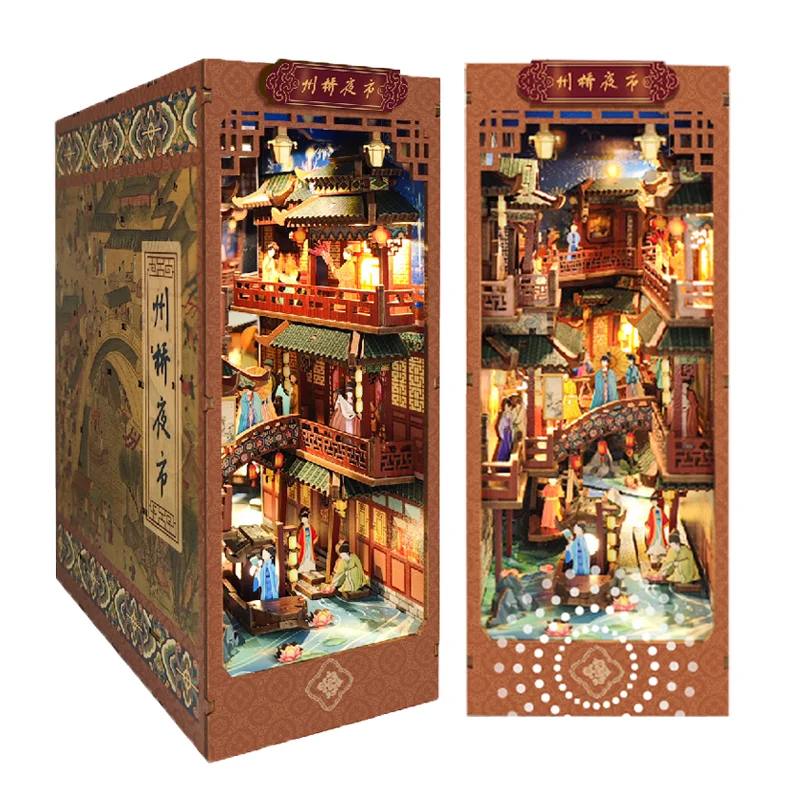 2025 Diy Book Nook Night Market Chinese Style Dollhouse Miniature Booknook Bookends Shelf Insert Bookshelf Craft Decor LED Light
