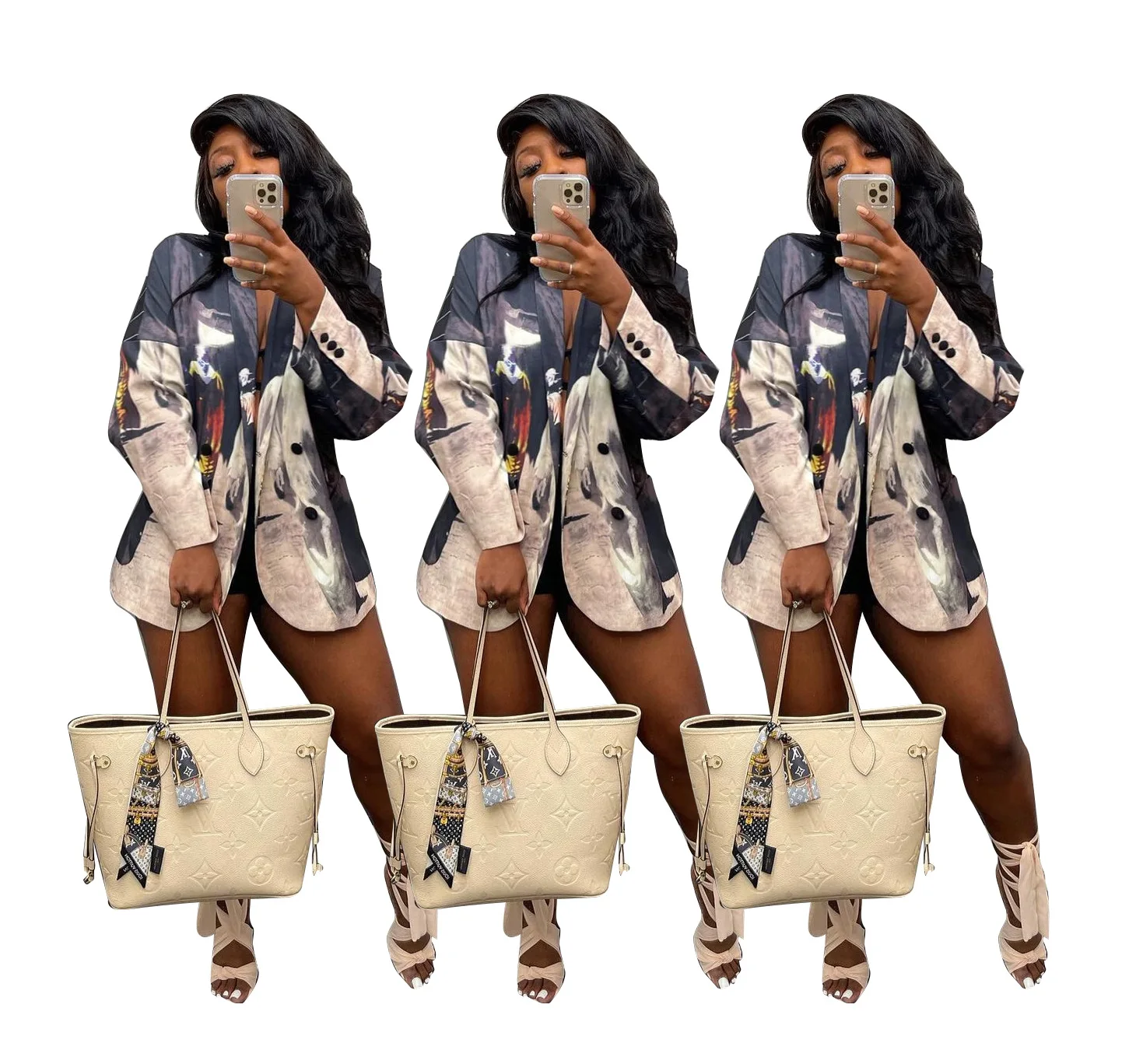 LY8051 2021 осенний женский модный Повседневный двубортный блейзер с принтом