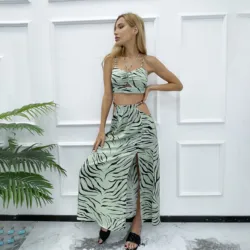 custom 2 piece straps backless Animal pattern bra spilt summer beach casual long dresses women