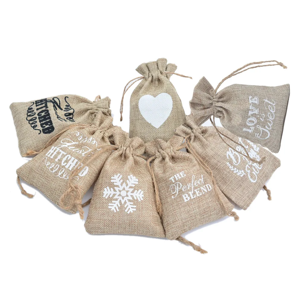 2022 New Christmas Pattern Hemp Drawstring Bags Linen Gift Wrapping Goody Bag Sachet Packaging
