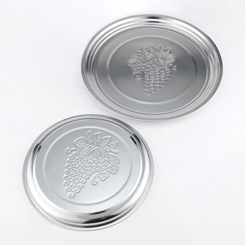 Luxury stainless steel round service tray grape embossing service dish food tray