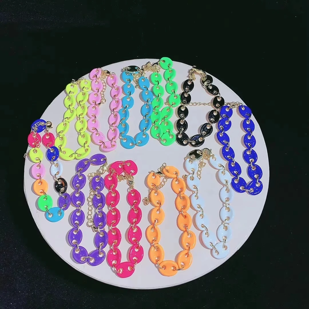High Quality Colorful Enamel Egg Shape Link Chain Bracelet Necklace Earrings Women Jewelry Sets