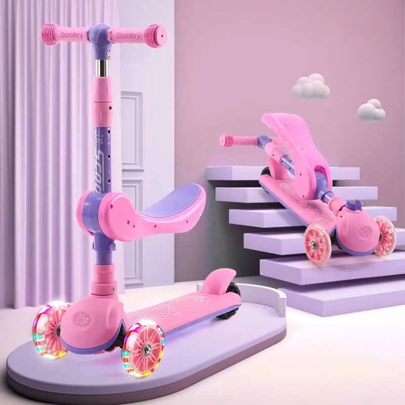 Manufacturer Baby Child Scooters 3 Wheels with Seat Pro Scooter Chinese for Kids PU Wheel Scooter Child 2 in 1 Pink or Blue