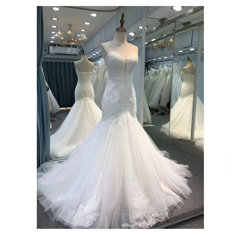 2023 Новое поступление оптовая продажа белые кружева с бусинами сексуальные открытой спиной Русалка Свадебные платья для вечеринки свадьбы
